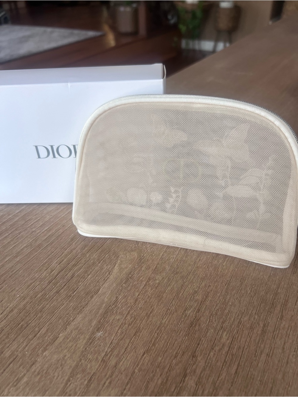 Dior Beige Floral & Butterfly Embroidered Makeup Pouch with Gold CD Logo - Picture 2 of 3